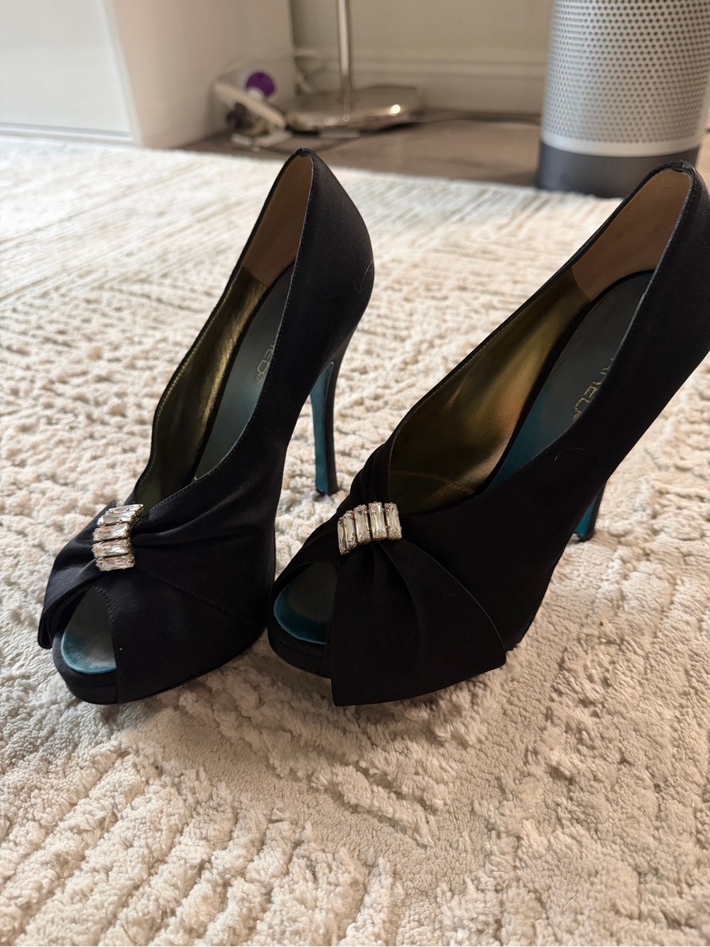 DSQUARED2 Black Satin Peep-Toe Heels with Teal Lining and Crystal Accent